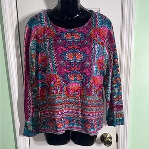 Orientique Naturally Australian Colorful Floral Mandala Print L/S Top Size M